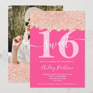 Rose gold glitter drips photo neon pink Sweet 16 Invitation