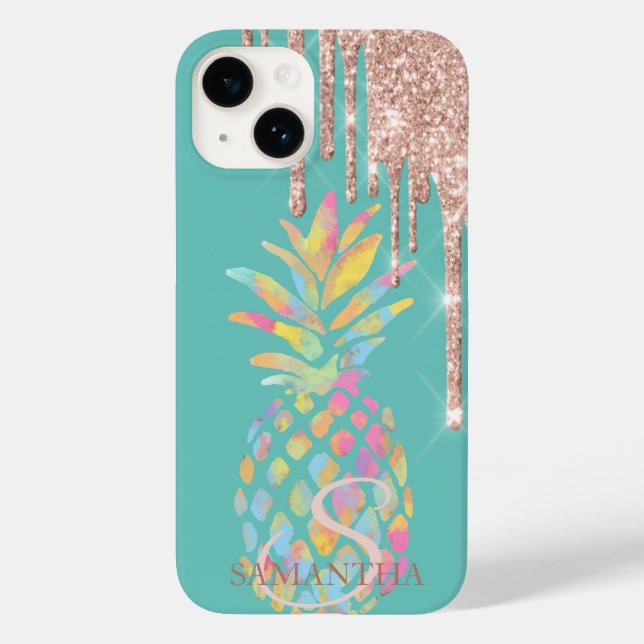 Rose Gold Glitter Drips Pineapple Mint Green Case-Mate iPhone Case (Back)