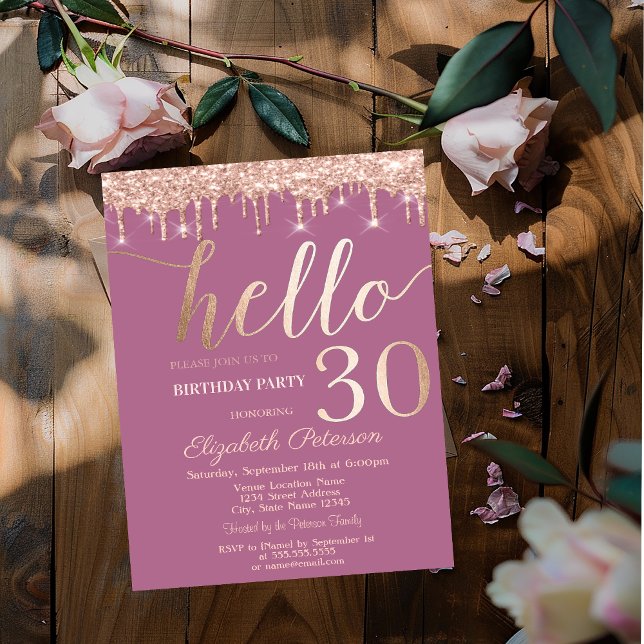 Rose Gold Glitter Drips Pink 30th Birthday Party   Invitation (Creator Uploaded)