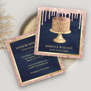 Rose Gold Glitter Drips Pink Damask Cake Bakery Square Business Card