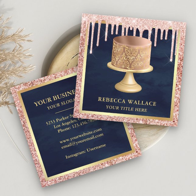 Rose Gold Glitter Drips Pink Damask Cake Bakery Square Business Card (Creator Uploaded)