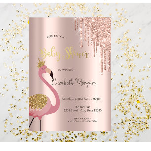 Rose Gold Glitter Drips Pink Flamingo Baby Shower Invitation