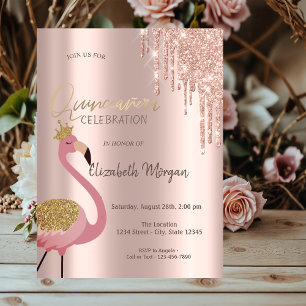 Rose Gold Glitter Drips Pink Flamingo Quinceañera  Invitation