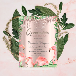 Rose Gold Glitter Drips Pink Flamingos Quinceañera Invitation