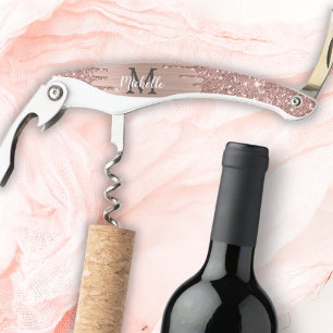 Rose Gold Glitter Drips Pink Metal Name Corkscrew