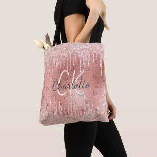 Rose gold glitter drips pink monogram elegant  tote bag