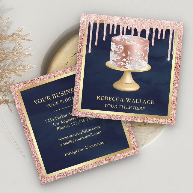 Rose Gold Glitter Drips Pink Ornate Cake Bakery Square Business Card (Creator Uploaded)