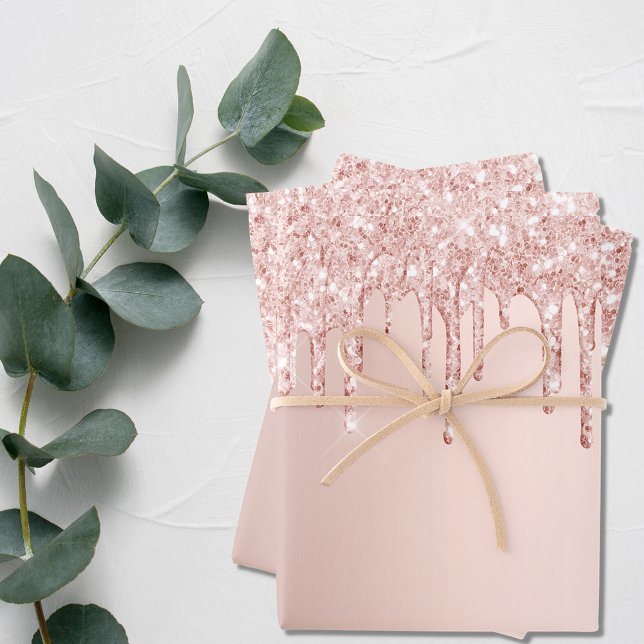 Rose gold glitter drips pink sparkle glam girly wrapping paper sheet (Creator Uploaded)