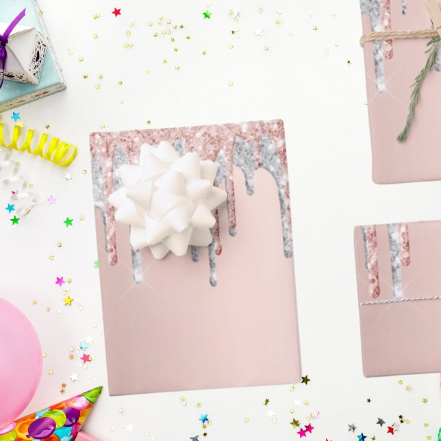 Rose gold glitter drips pink sparkle silver glam wrapping paper sheet (Creator Uploaded)