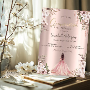 Rose Gold Glitter Drips Princess Dress Flowers Invitation