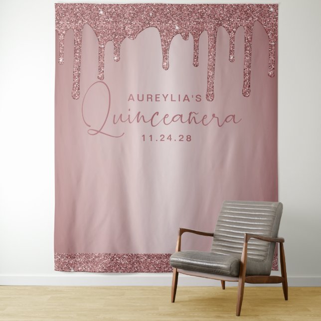 Rose Gold Glitter Drips Quinceanera Backdrop Tapestry (In Situ)