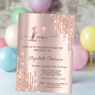 Rose Gold Glitter Drips Rose Gold 11th Birthday Invitation