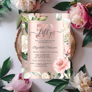 Rose Gold Glitter Drips Roses 50th Birthday Invitation