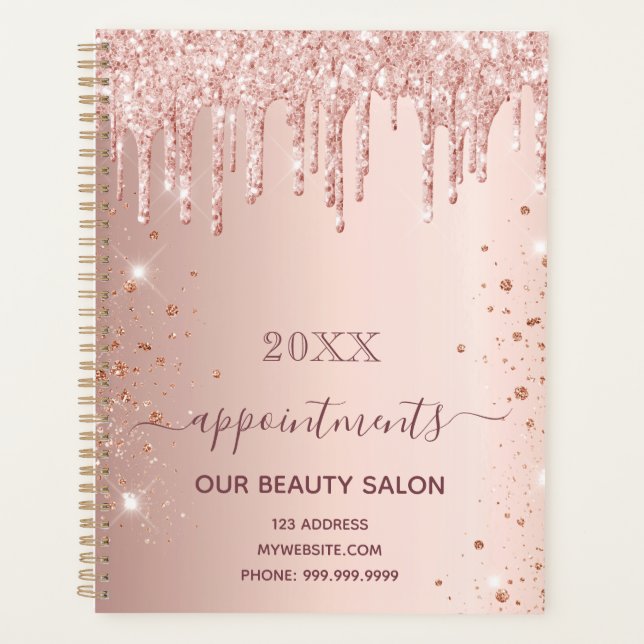 Rose gold glitter drips salon appointments 2021 planner (Front)