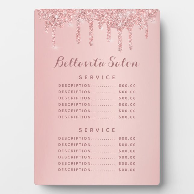 Rose Gold Glitter Drips Salon Price Menu Plaque (Front)
