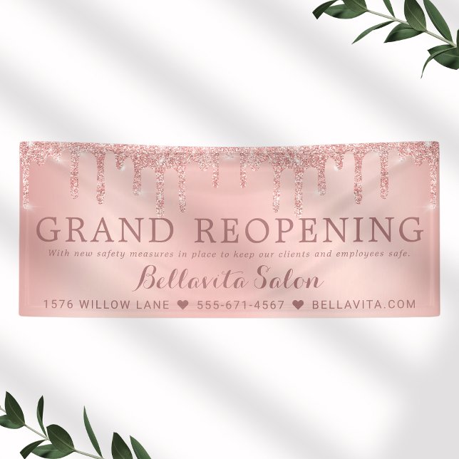 Rose Gold Glitter Drips Salon Reopening Covid Safe Banner (Creator Uploaded)