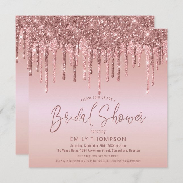 Rose Gold Glitter Drips Script Bridal Shower Invitation (Front/Back)