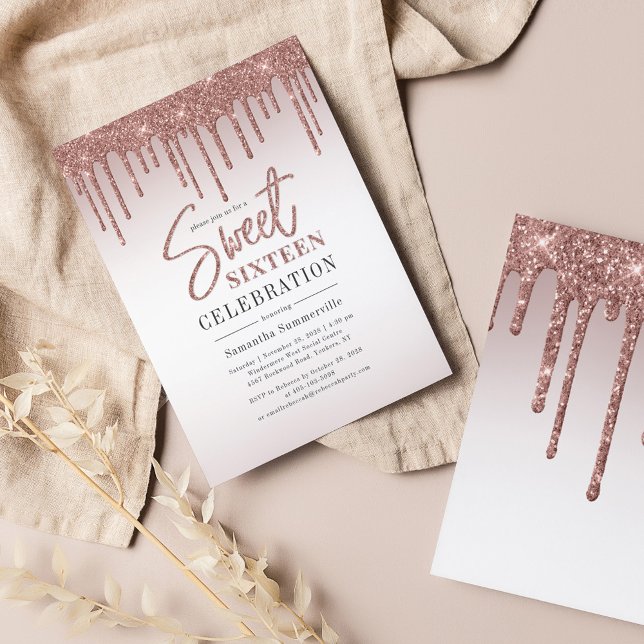 Rose Gold Glitter Drips Script Sweet 16 Invitation (Sweet 16 Birthday Party Invitation)