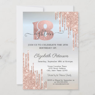 Rose Gold Glitter Drips Silver 18th Birthday  Invitation
