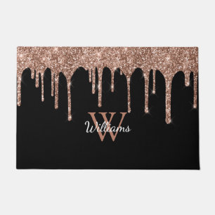 Rose Gold Glitter Drips Sparkle Monogram Name Doormat