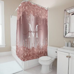 Rose Gold Glitter Drips Sparkle Monogram Name Shower Curtain