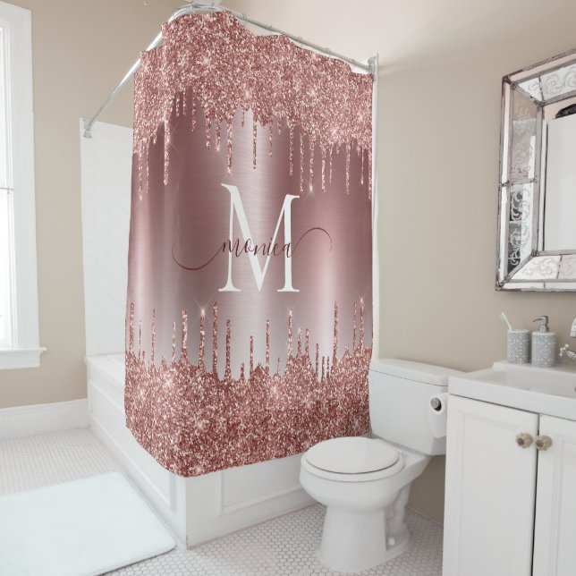 Rose Gold Glitter Drips Sparkle Monogram Name Shower Curtain (In Situ)