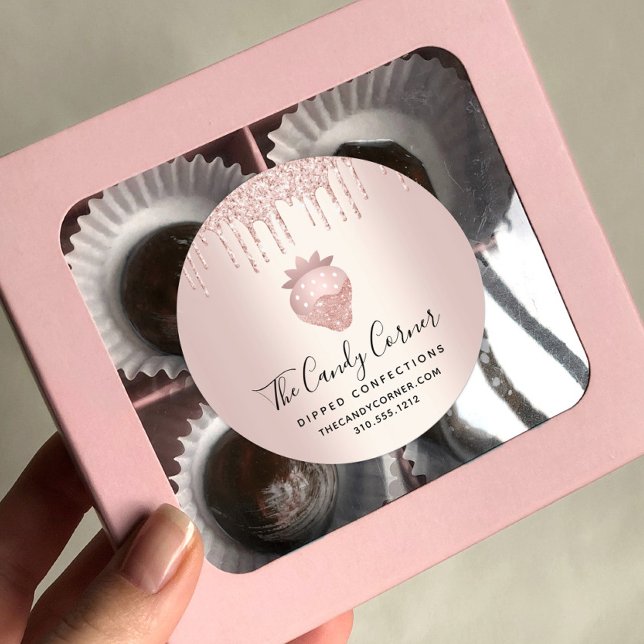 Rose Gold Glitter Drips Strawberry Confection Classic Round Sticker (Creator Uploaded)