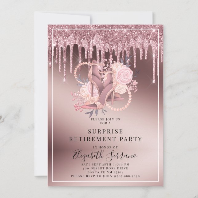 Rose Gold Glitter Drips Surprise Retirement Invitation (Front)