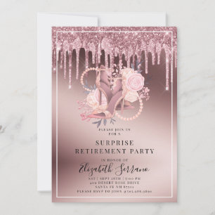 Rose Gold Glitter Drips Surprise Retirement Invitation