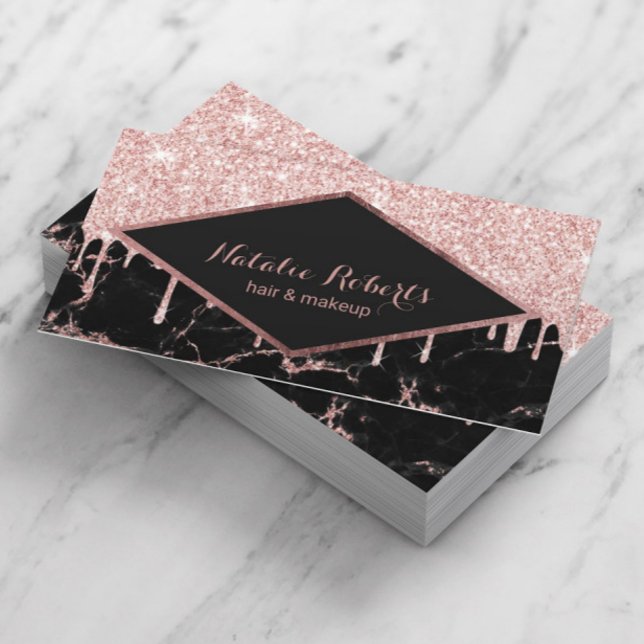 Rose Gold Glitter Drips Trendy Marble Beauty Salon Business Card (Creator Uploaded)