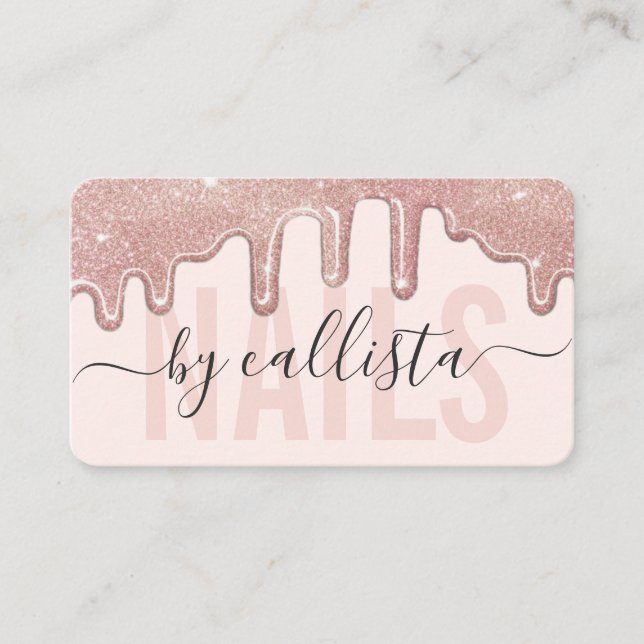 Rose Gold Glitter Drips Typography Nail Artist Business Card (Front)