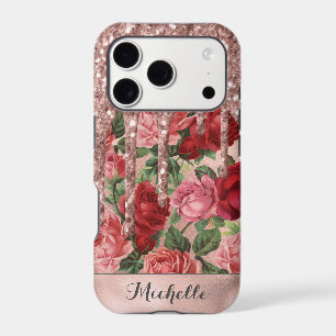 Rose Gold Glitter Drips Vintage Rose Floral Name