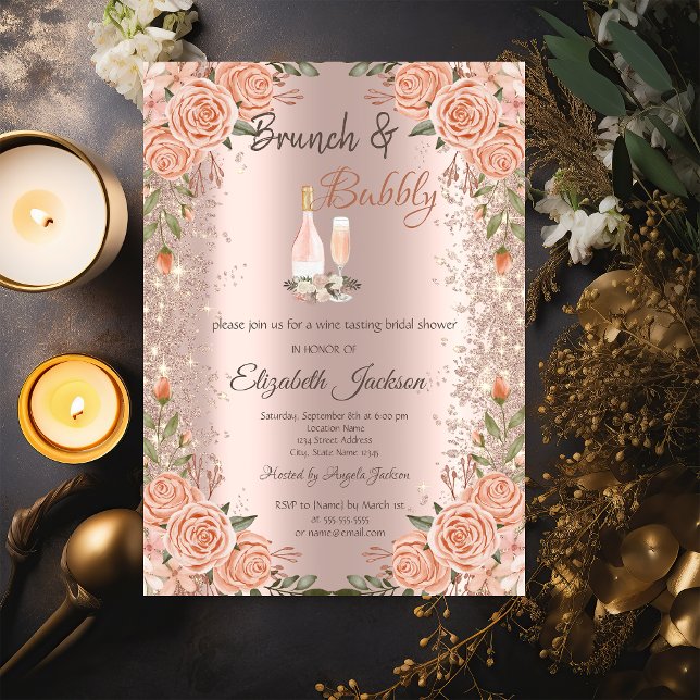 Rose Gold Glitter Dust Brunch Roses Bridal Shower  Invitation (Creator Uploaded)