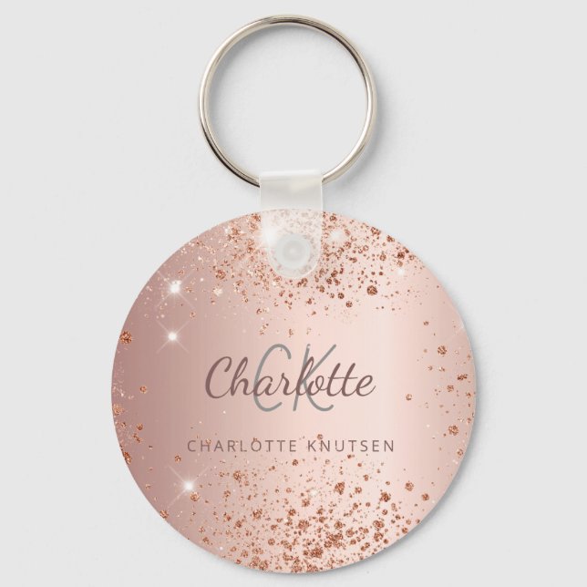 Rose gold glitter dust monogram name key ring (Front)