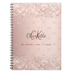Rose gold glitter dust monogram script notebook
