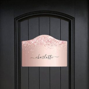 Rose gold glitter dust name script door sign