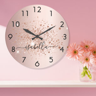 Rose gold glitter dust name script large clock
