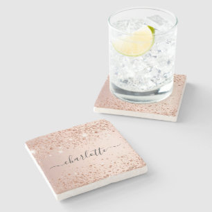 Rose gold glitter dust name script  stone coaster