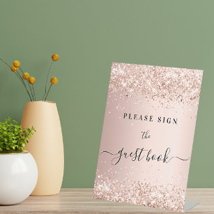 Rose gold glitter dust party guest book sign