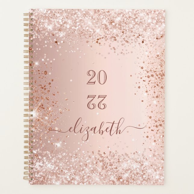 Rose gold glitter dust pink monogram name 2026 planner (Front)