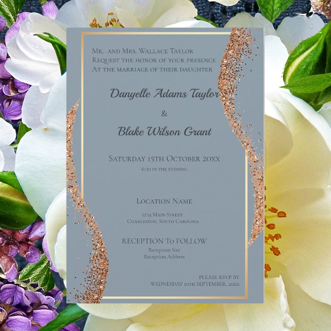 Rose Gold Glitter Dusty Blue Wedding Invitation (Creator Uploaded)