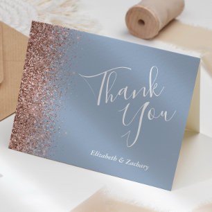 Rose Gold Glitter Dusty Blue Wedding Thank You Card
