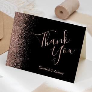 Rose Gold Glitter Edge Black Wedding Thank You Card
