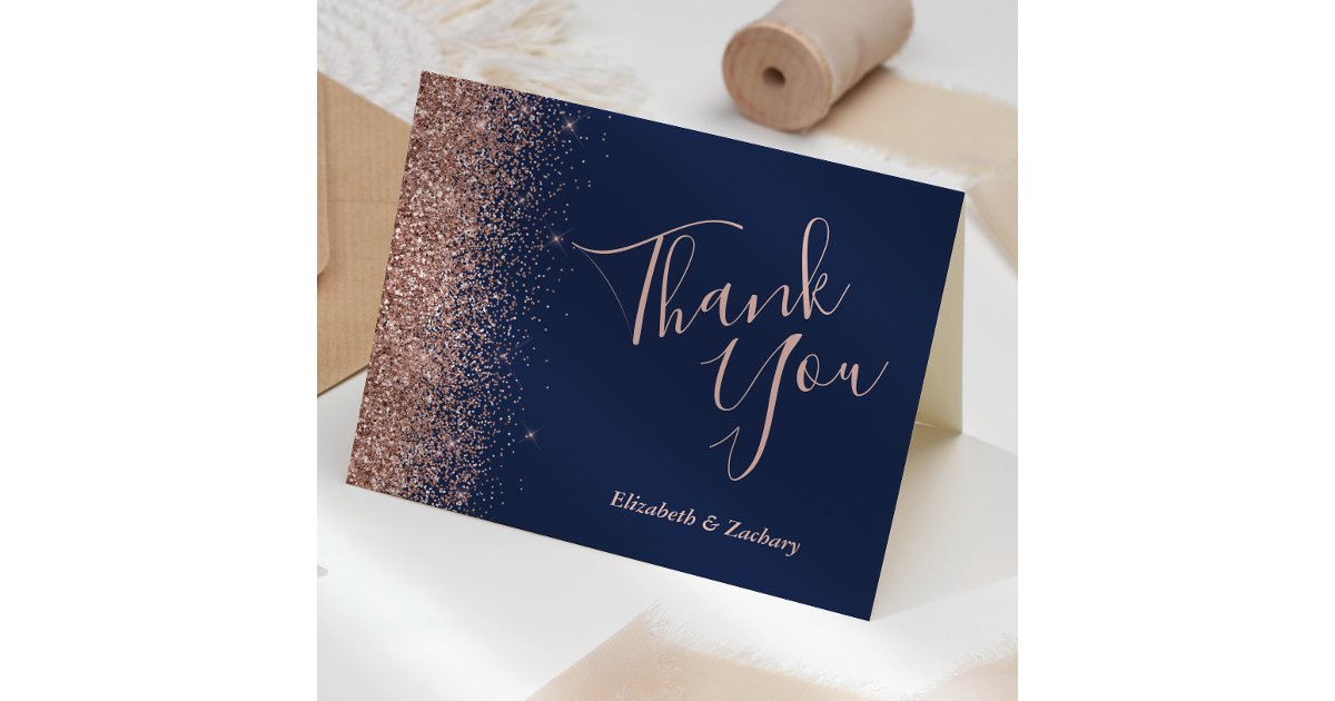 Rose Gold Glitter Edge Navy Blue Wedding Thank You Card | Zazzle