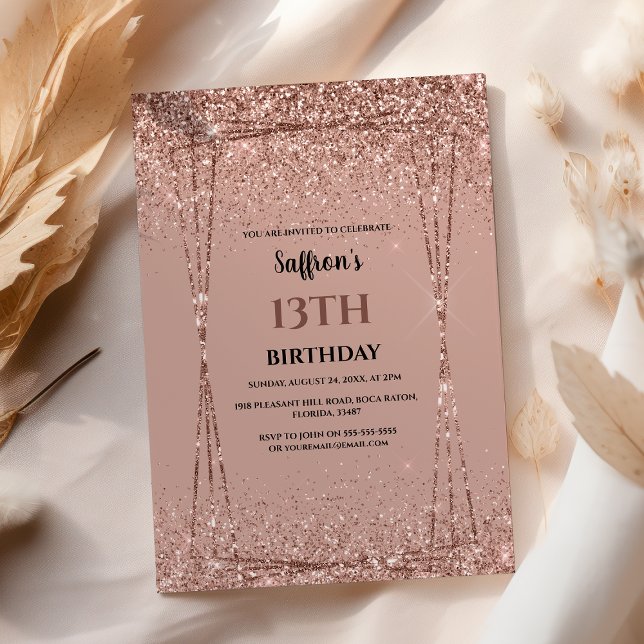 Rose Gold Glitter Effect Birthday Party Invitation (Creator Uploaded)