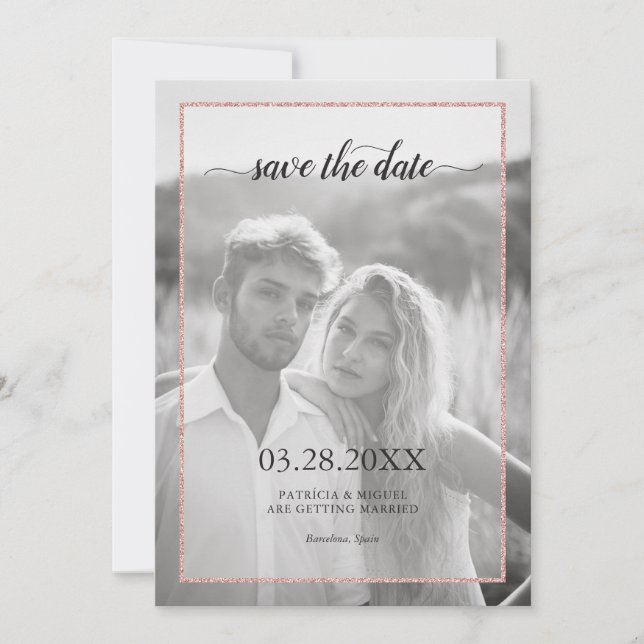 Rose Gold Glitter Effect Chic Script Photo Wedding Save The Date (Front)