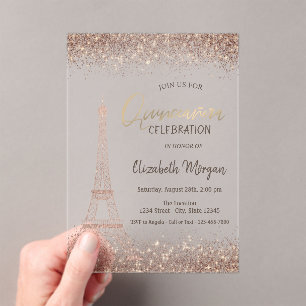 Rose Gold Glitter Eiffel Confetti Quinceañera  Acrylic Invitations