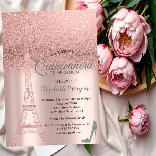 Rose Gold Glitter Eiffel Tower,Heels Quinceañera Invitation