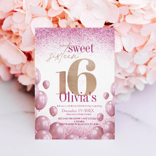 Rose Gold Glitter Elegant Chic Balloons Sweet 16  Invitation