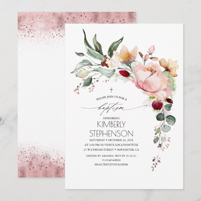 Rose Gold Glitter Elegant Floral Baptism Invitation (Front/Back)